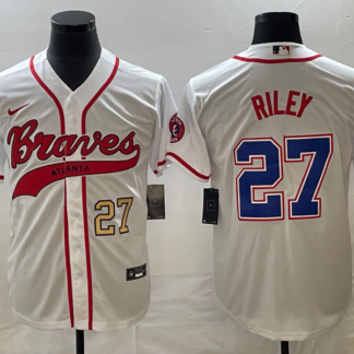 Men's Atlanta Braves #27 Austin Riley Number White Cool Base With Patch Stitched Baseball Jersey