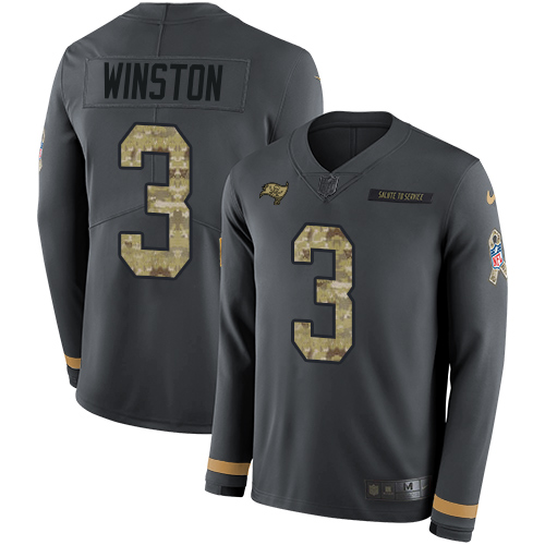 Nike Tampa Bay Buccaneers #3 Jameis Winston Anthracite Salute to Service Men’s Stitched NFL Limited Therma Long Sle...