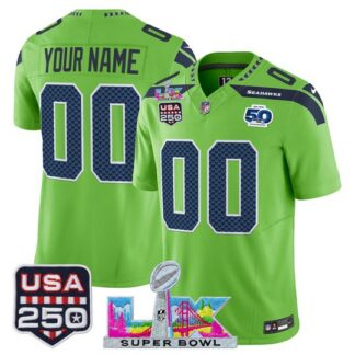 Men & Women & Youth Seattle Seahawks Custom Green 2026 Super Bowl LX & United States 250th Anniversary Patch F.U.S....