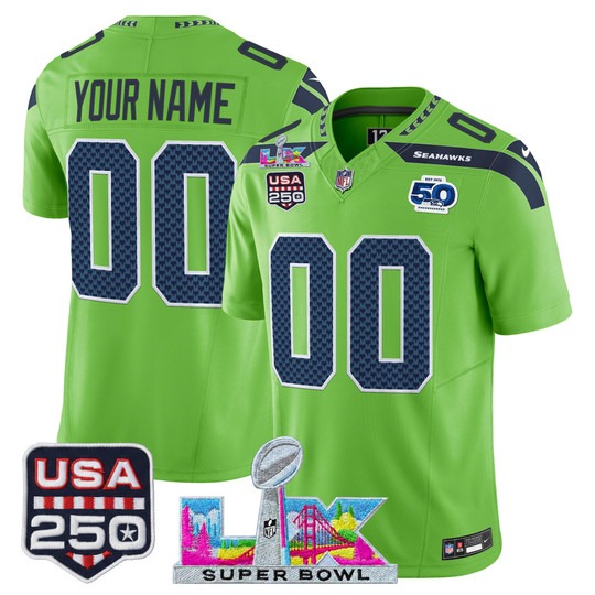 Men & Women & Youth Seattle Seahawks Custom Green 2026 Super Bowl LX & United States 250th Anniversary Patch F.U.S....