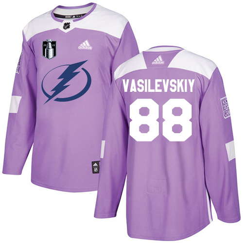 Adidas Tampa Bay Lightning #88 Andrei Vasilevskiy Purple Authentic 2022 Stanley Cup Final Patch Youth Fights Cancer...