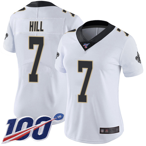 Nike New Orleans Saints #7 Taysom Hill White Women’s Stitched NFL 100th Season Vapor Limited Jersey