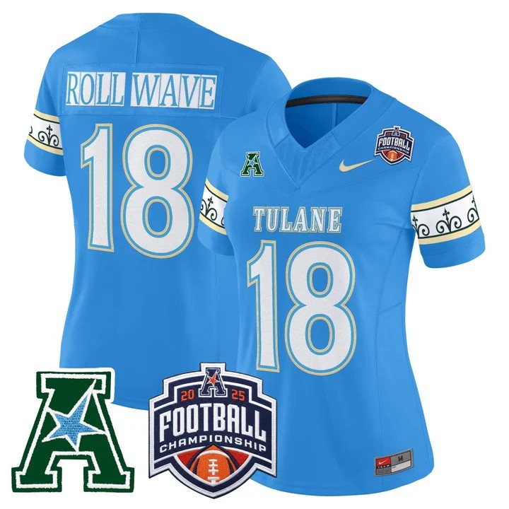 Women's Tulane Green Wave #18 ROLL WAVE Blue 'City Edition' 2025 AAC Championship Patch Vapor Limited Stitched Jersey