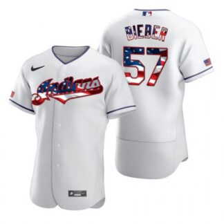Cleveland Indians #57 Shane Bieber Men’s Nike White Fluttering USA Flag Limited Edition Authentic MLB Jersey
