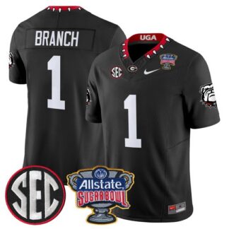 Men's Georgia Bulldogs #1 Zachariah Branch Black Sugar Bowl Patch F.U.S.E. Vapor Limited Stitched Jersey