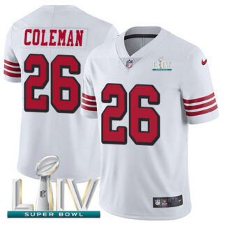 Nike San Francisco 49ers #26 Tevin Coleman White Super Bowl LIV 2020 Rush Youth Stitched NFL Vapor Untouchable Limi...