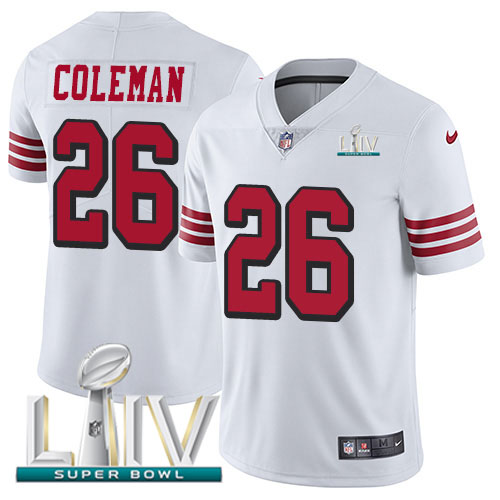 Nike San Francisco 49ers #26 Tevin Coleman White Super Bowl LIV 2020 Rush Youth Stitched NFL Vapor Untouchable Limi...