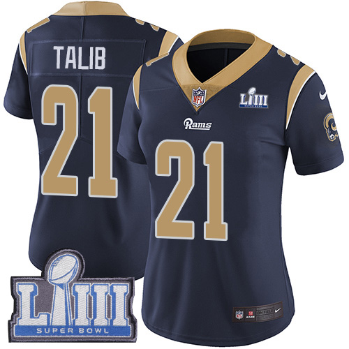Nike Los Angeles Rams #21 Aqib Talib Navy Blue Team Color Super Bowl LIII Bound Women’s Stitched NFL Vapor Untoucha...