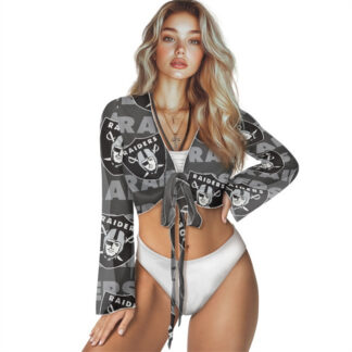 Women's Las Vegas Raiders Swimsuit Cover Up Long Sleeve Sheer V Neck Lightweight Tie Front Cardigan Beach Shirts Ba...