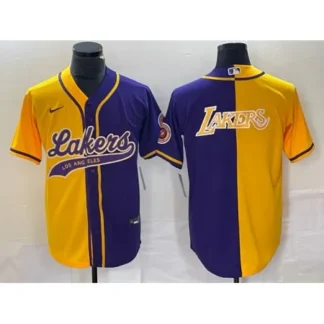 Men's Los Angeles Lakers Gold/Purple Split Team Big Logo Cool Base Stitched Baseball Jersey JXHQ