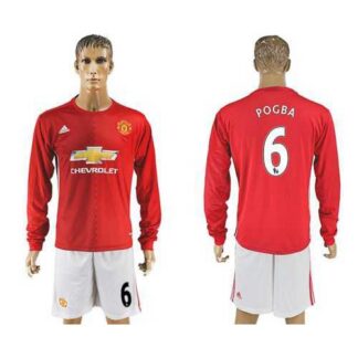 Manchester United #6 Pogba Red Home Long Sleeves Soccer Club Jersey