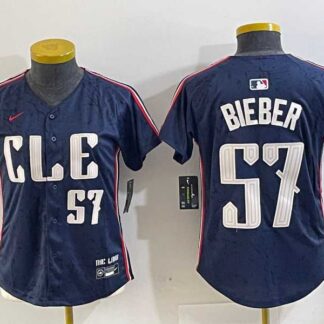 Women's Cleveland Guardians #57 Shane Bieber Number Navy 2024 City Connect Limited Stitched Jersey