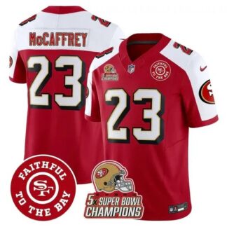 San Francisco 49ers #23 Christian McCaffrey Red White F.U.S.E. Throwback 5X Super Bowl Champions & Faithful To The...