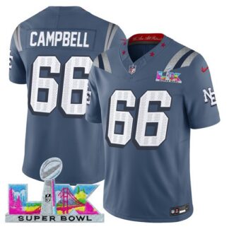 Men's New England Patriots #66 Will Campbell Storm Blue 2025 F.U.S.E. Super Bowl LX Patch “Rivalries” Vapor Limited...