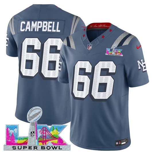 Men's New England Patriots #66 Will Campbell Storm Blue 2025 F.U.S.E. Super Bowl LX Patch “Rivalries” Vapor Limited...