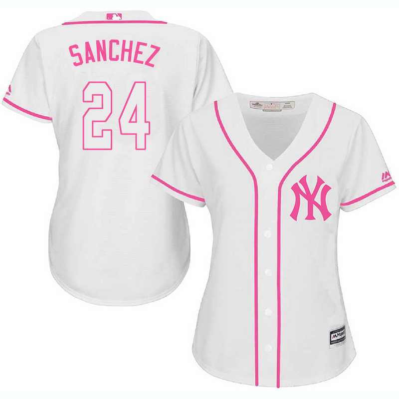Women New York Yankees #24 Gary Sanchez White Pink New Cool Base Jersey JiaSu