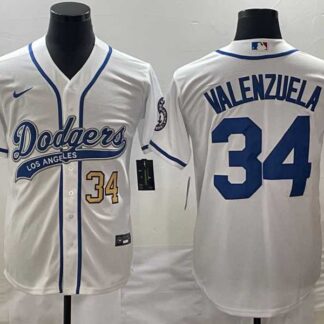Men's Los Angeles Dodgers #34 Fernando Valenzuela Number White With Patch Cool Base Stitched Baseball Jersey