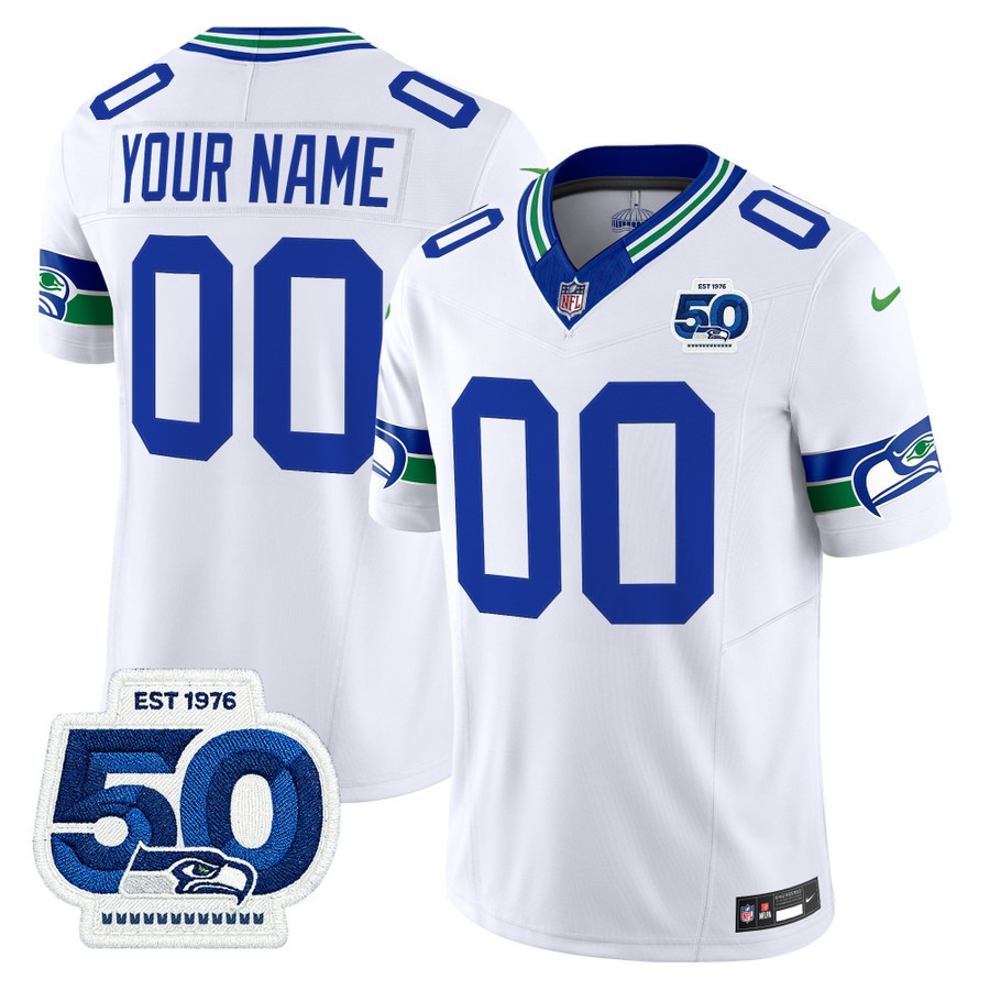 Men's & Women's & Youth Seattle Seahawks Custom White Throwback 50th Anniversary Patch Vapor F.U.S.E. Limited Stitc...
