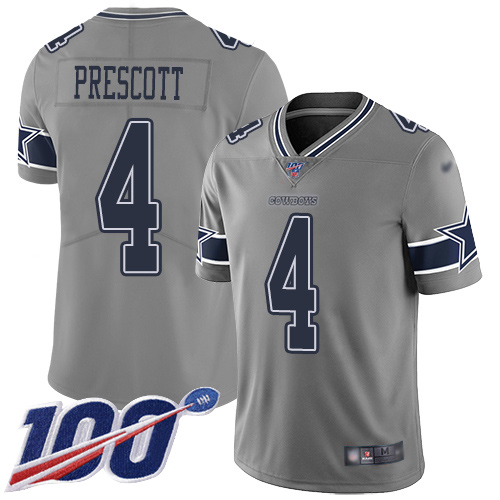 Nike Dallas Cowboys #4 Dak Prescott Gray Men’s Stitched NFL Limited Inverted Legend 100th Season Jersey