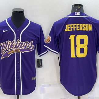 Men's Minnesota Vikings #18 Justin Jefferson Purple Yellow With Patch Cool Base Stitched Baseball Jersey