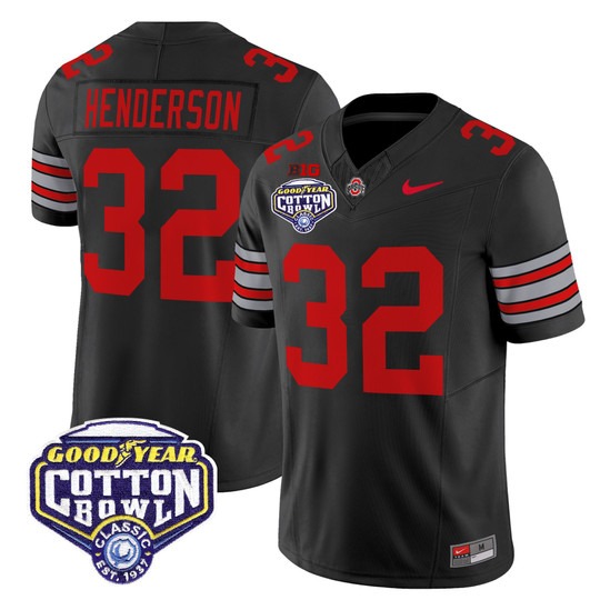 Men's Ohio State Buckeyes #32 Treveyon Henderson Black 'Heritage Stripe' Cotton Bowl Patch F.U.S.E. Vapor Limited S...