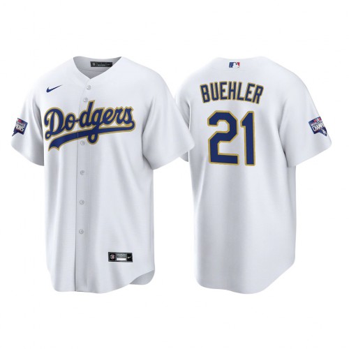 Los Angeles Los Angeles Dodgers #21 Walker Buehler Men’s Nike 2021 Gold Program World Series Champions MLB Jersey W...