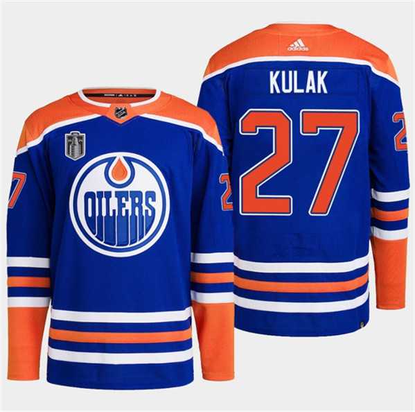 Men's Edmonton Oilers #27 Brett Kulak Royal 2024 Stanley Cup Final Patch Stitched Jersey Dzhi