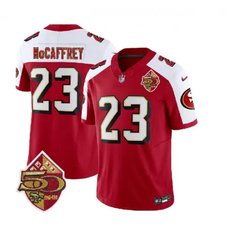 Men's San Francisco 49ers #23 Christian McCaffrey Red/White 2023 F.U.S.E. 50th Patch Throwback Stitched Football Je...
